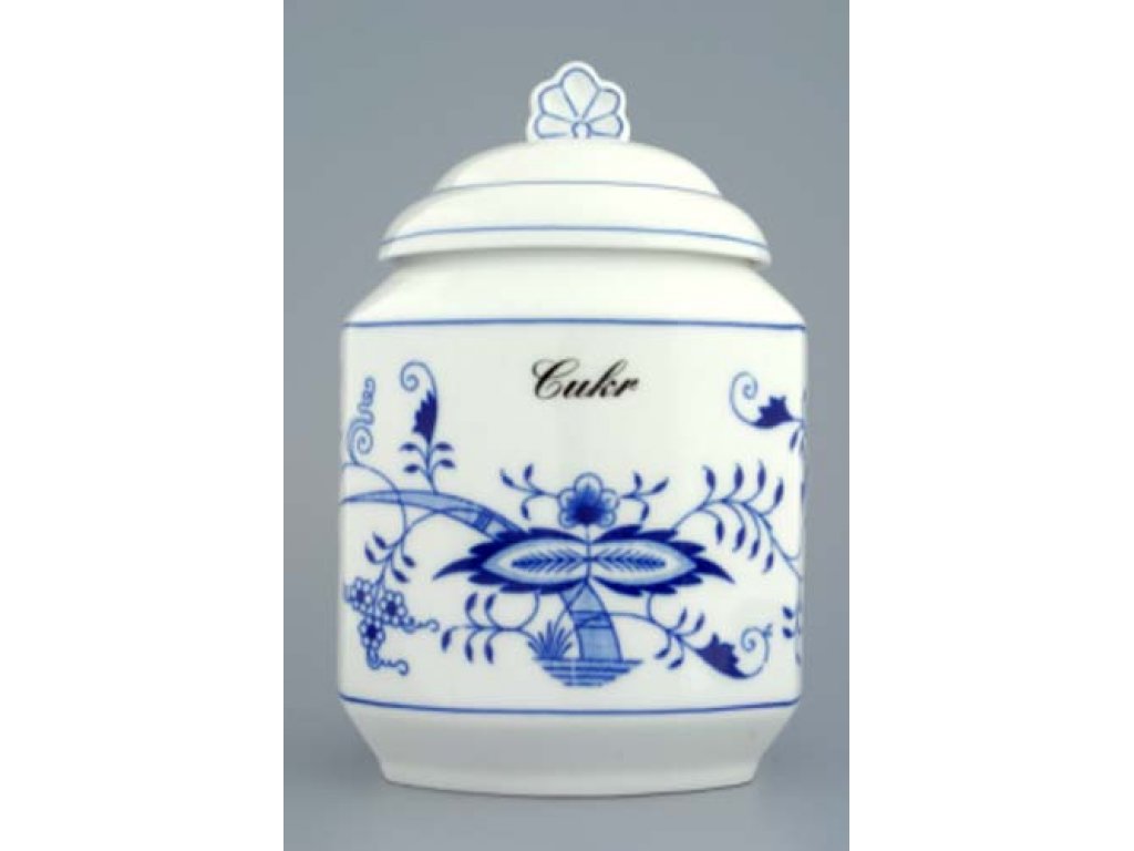 Cibulák dóza na poživatiny s víčkem a nápisem Mouka hladká český porcelán Dubí