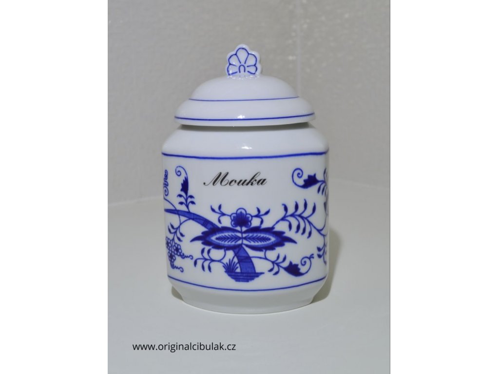 Cibulák dóza na poživatiny s víčkem a nápisem Mouka hladká český porcelán Dubí