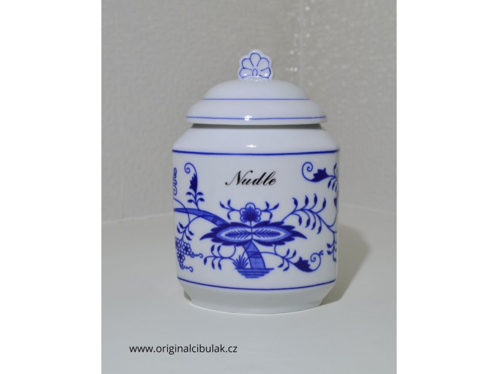 Cibulák dóza na poživatiny s víčkem a nápisem Mouka hladká český porcelán Dubí