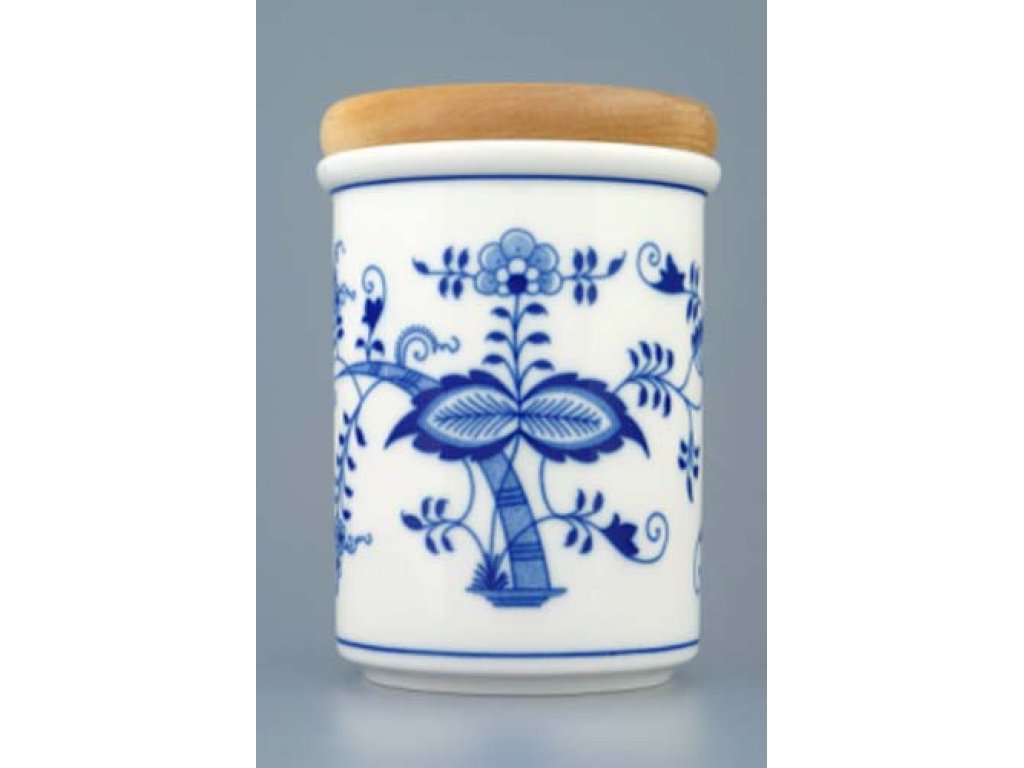 Zwiebelmuster  Large Container C with Wooden Cover, Original Bohemia Porcelain from Dubi