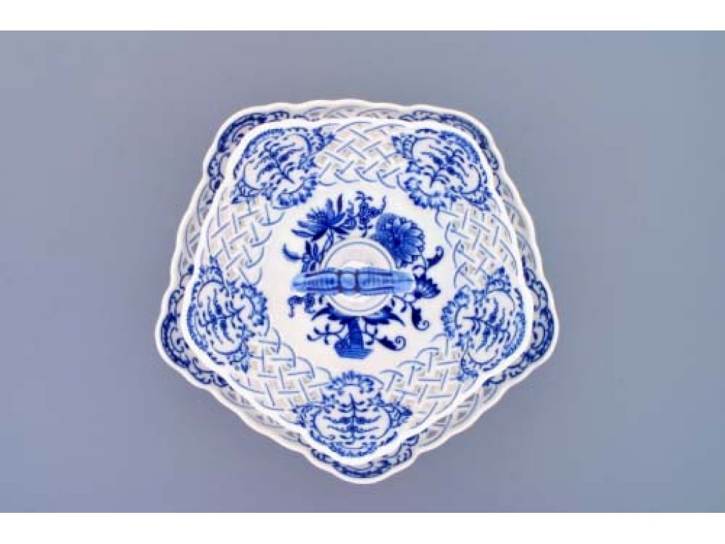 Cibulák Etažér 2-dílný mísy pětihranné prolamované porcelán tyčka 27 cm originální cibulákový porcelán Dubí, cibulový vzor,