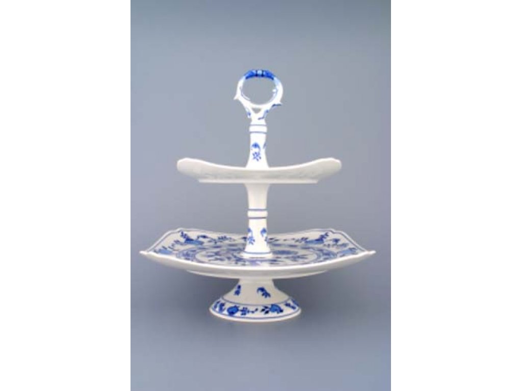 Cibulák Etažér 2-dílný talíře hranaté na noze nízký, porcelánová tyčka 30 cm originální cibulákový porcelán Dubí, cibulový vzor,