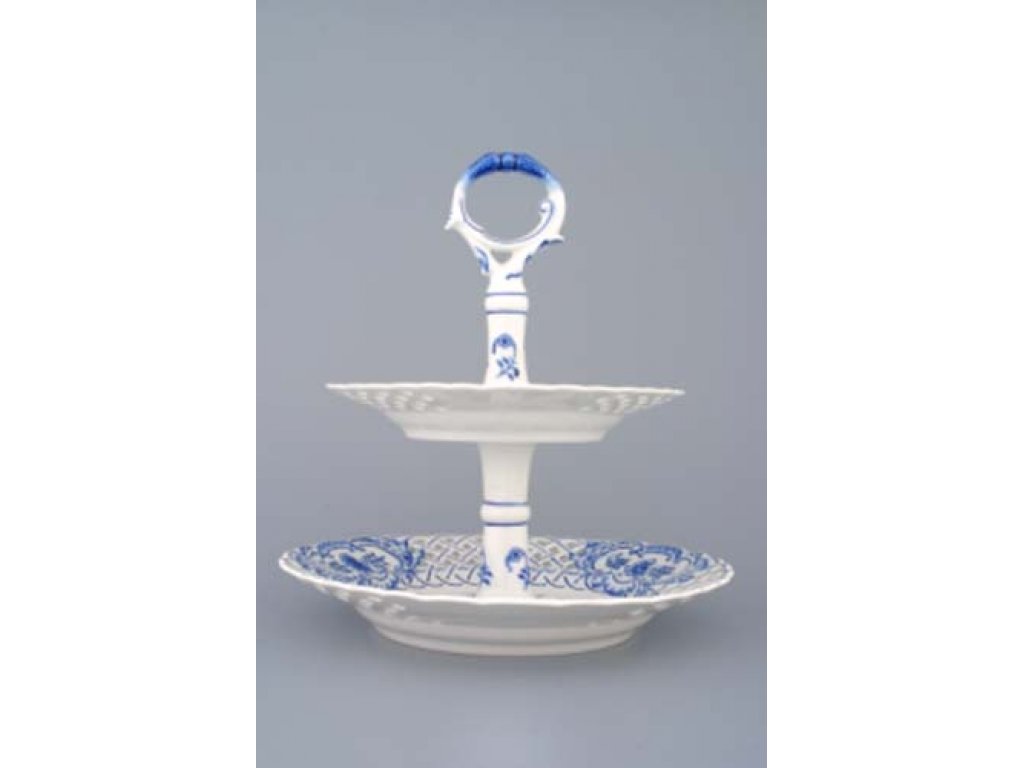 Cibulák Etažér 2-dílný talíře prolamované, porcelánová tyčka 27 cm originální cibulákový porcelán Dubí, cibulový vzor,