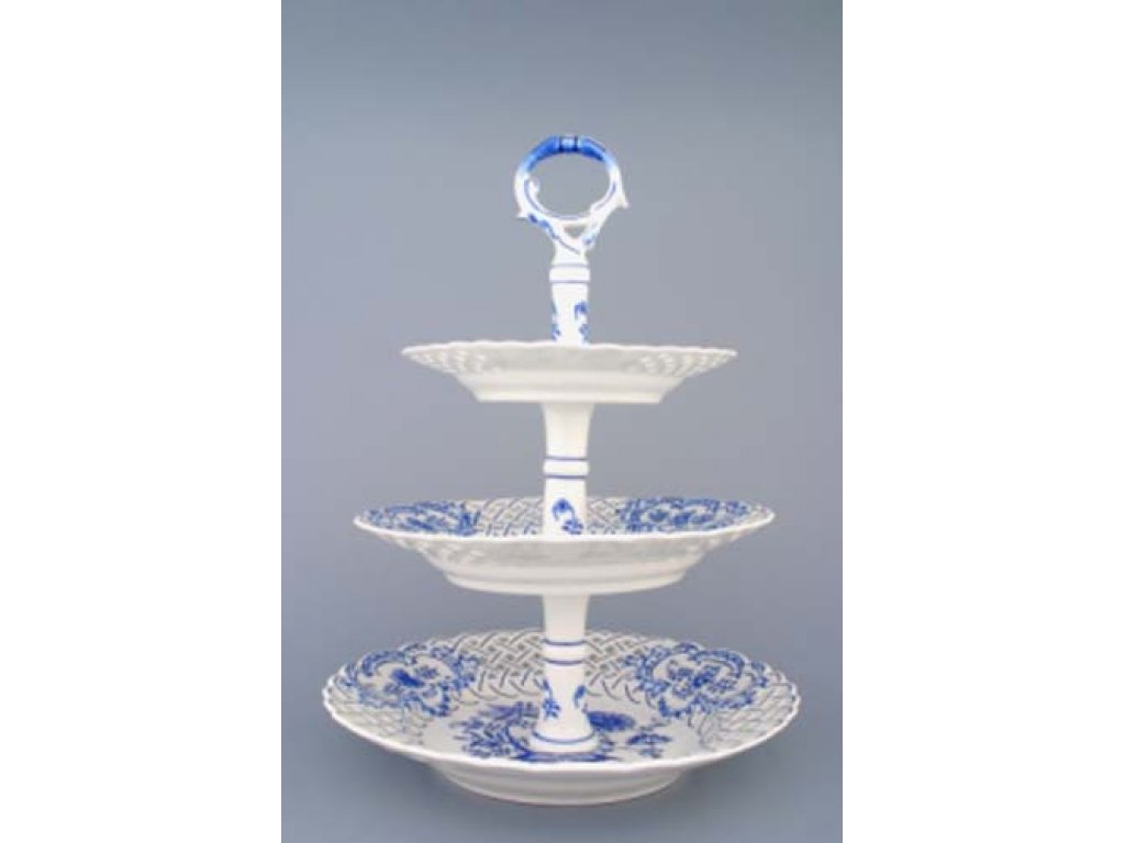Cibulák Etažér 3-dílný talíře prolamované, porcelánová tyčka 36 cm originální cibulákový porcelán Dubí, cibulový vzor, 2.jakost