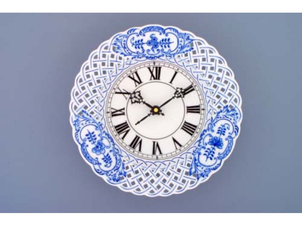 Cibulák Hodiny prolamované se strojkem 24 cm originální cibulákový porcelán Dubí, cibulový vzor,