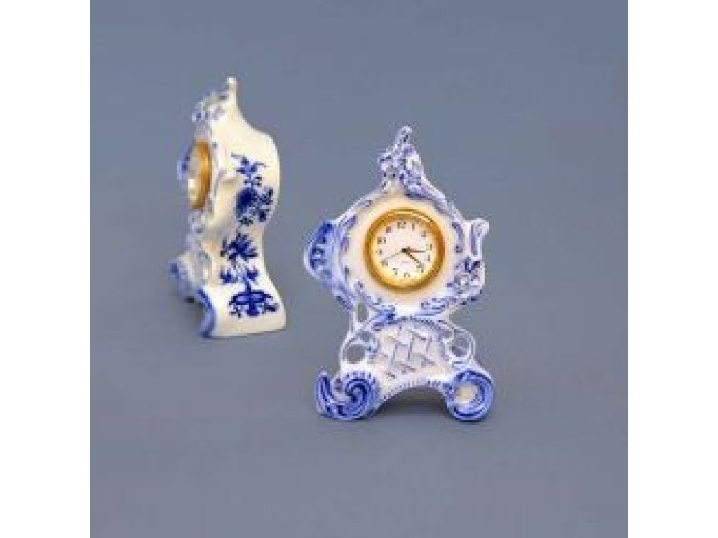 Cibulák Hodiny Vlasta se strojkem 12,6 cm originální cibulákový porcelán Dubí, cibulový vzor,