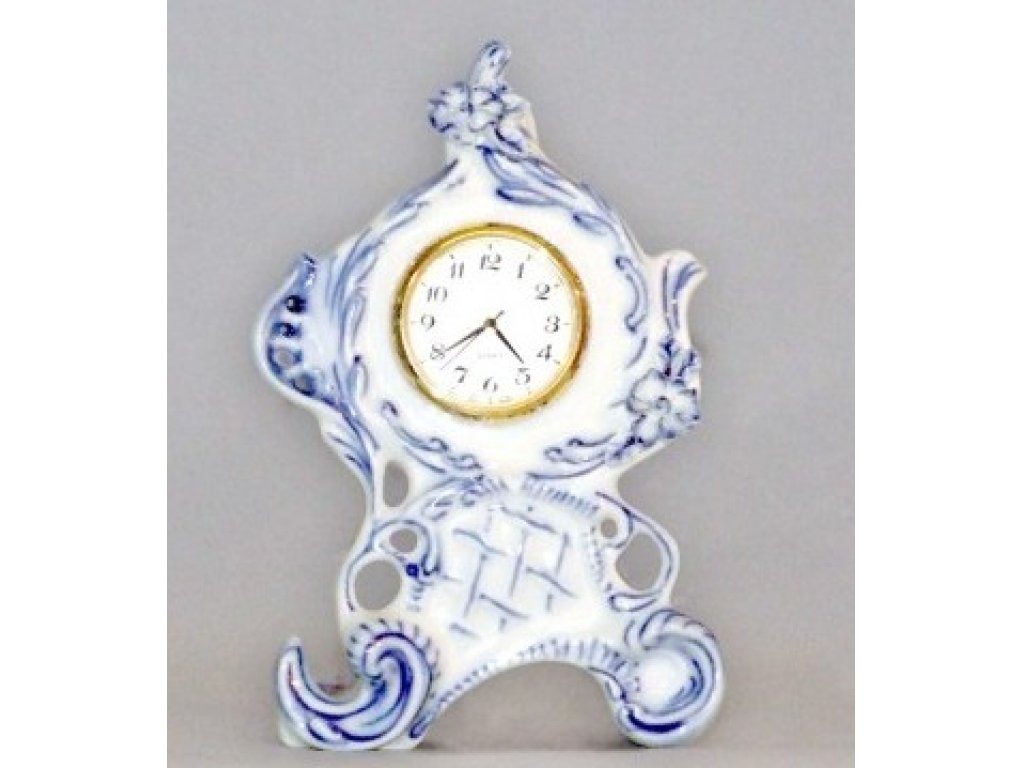 Cibulák Hodiny Vlasta se strojkem 12,6 cm originální cibulákový porcelán Dubí, cibulový vzor,