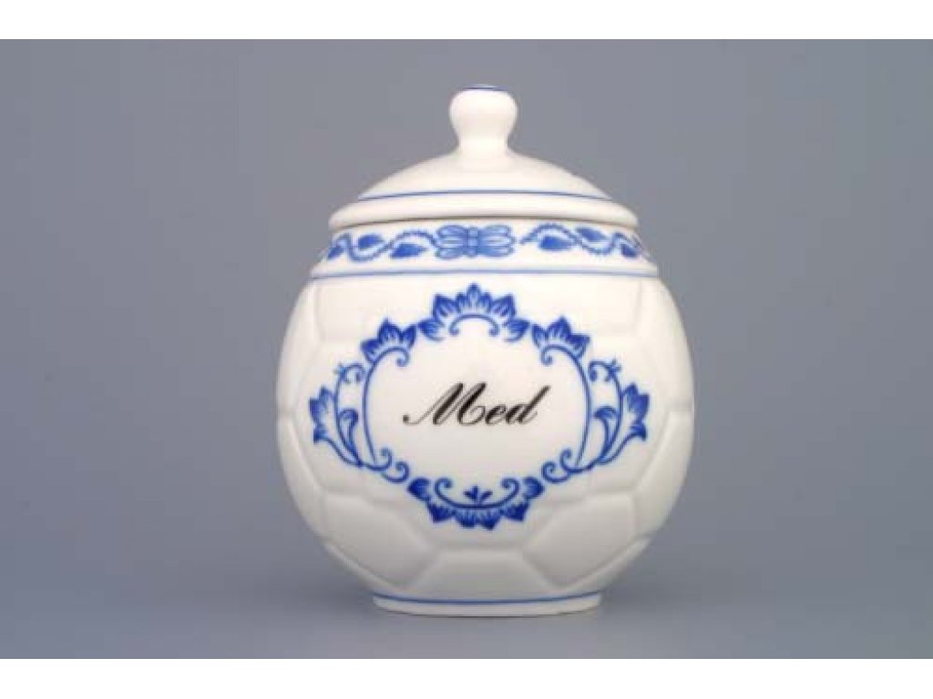 Cibulák Medový hrnček s viečkom a nápisom Honey/bee 0,40 l originálny cibuľový porcelán Dubí, cibuľový vzor 1. kvalita
