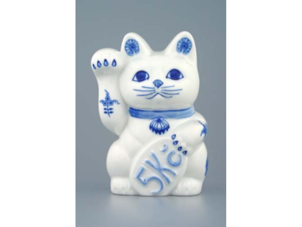 Cibulák Kočka zvací kasička 16 cm originální cibulákový porcelán Dubí, cibulový vzor,