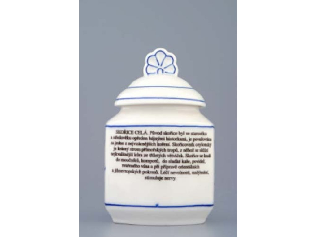 Cibulák Kořenka s víčkem a nápisem a receptem 50 druhů, 0,20 l originální cibulákový porcelán Dubí, cibulový vzor