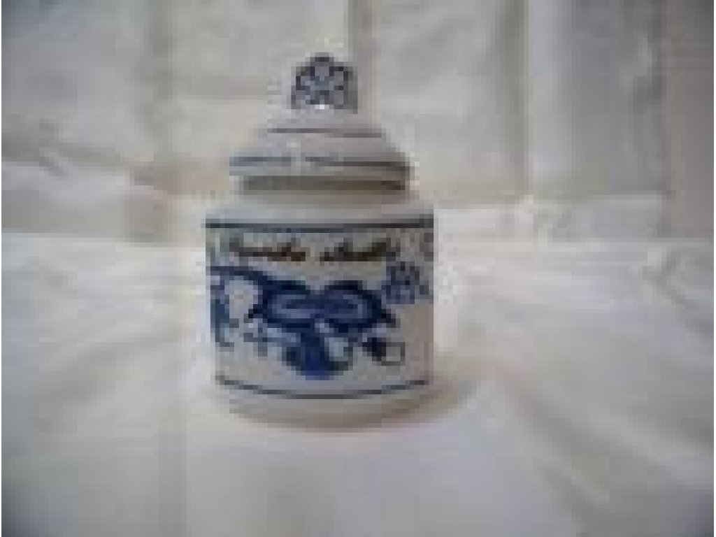 Zwiebelmuster Gewürdose mit Deckel und Aufschrift und Rezept 50 Sorten, 0,20 l original Zwiebel Porzellan Dubí, Zwiebelmuster