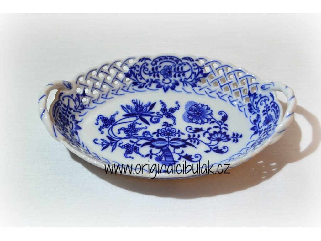 Cibulák košík prolamovaný 17 cm, originální cibulákový porcelán Dubí, cibulový vzor,