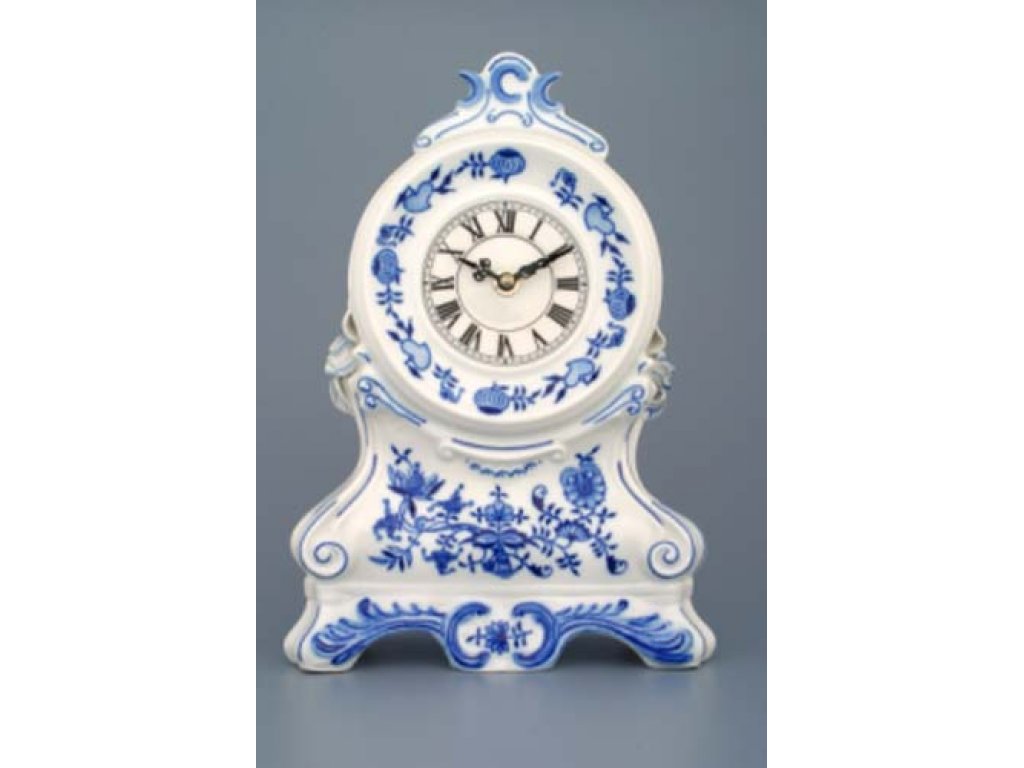 Cibulak krbové hodiny s ružami a strojčekom 28cm cibulový porcelán, originálny porcelán Dubí 2. akosť