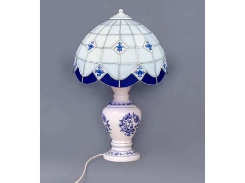 Cibulák Lampový podstavec se stínítkem vitráž neprolamovaný 50 cm originální cibulákový porcelán Dubí, cibulový vzor