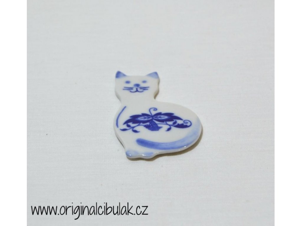 Cibulák Magnetka kočička 6,6 cm, originální cibulákový porcelán Dubí, cibulový vzor,