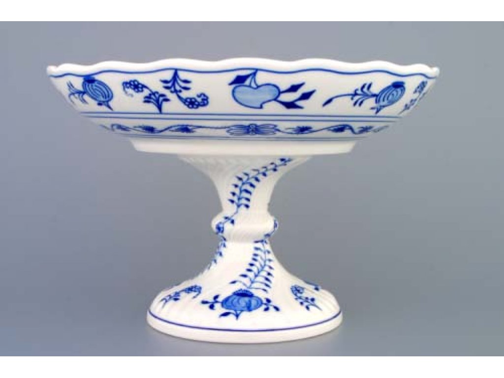 Cibulák Mísa kompotová oboustranná na ozdobné noze nízké 24 cm originální cibulákový porcelán Dubí, cibulový vzor,