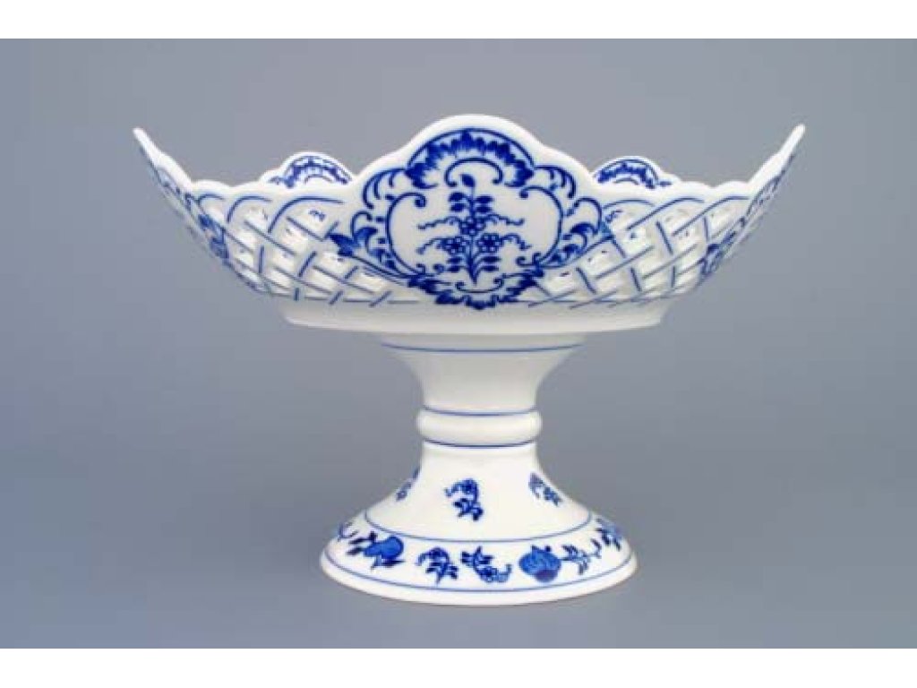 Zwiebelmuste Fünfeckige durchbrochene Schüssel 24cm auf einem Tortenständer 950g Original Bohemia Porzellan Dubi Karlsbader 