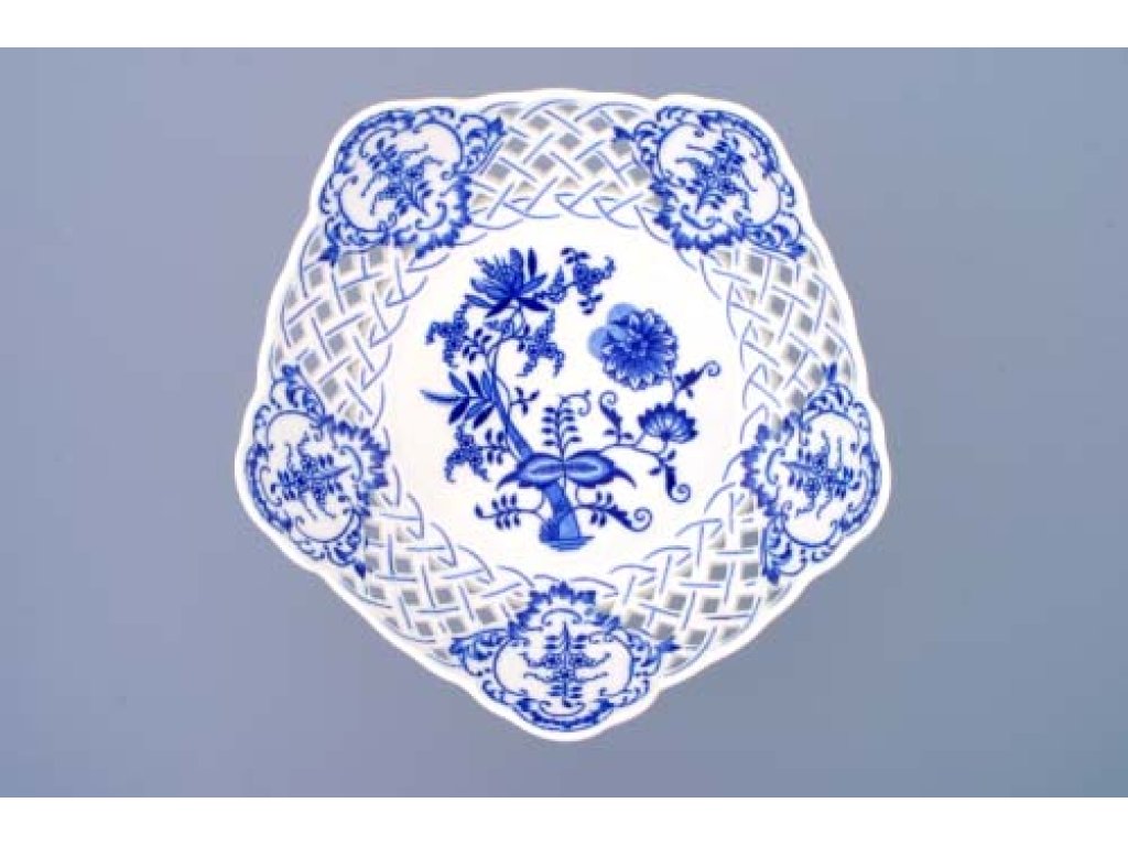 Zwiebelmuste Fünfeckige durchbrochene Schüssel 24cm auf einem Tortenständer 950g Original Bohemia Porzellan Dubi Karlsbader 