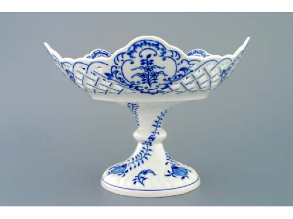 Cibulák Mísa pětihranná prolamovaná na ozdobné noze nízká 24 cm originální cibulákový porcelán Dubí, cibulový vzor,