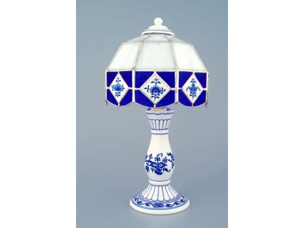 Cibulák Noční lampička vitráž 30 cm originální cibulákový porcelán Dubí, cibulový vzor