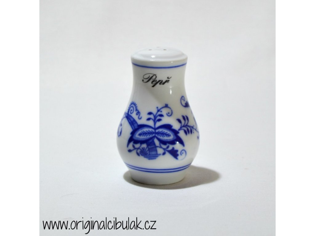 Cibulák korenička sypacia s nápisom Pepř 7 cm cibulový porcelán, originálny cibulák Dubí