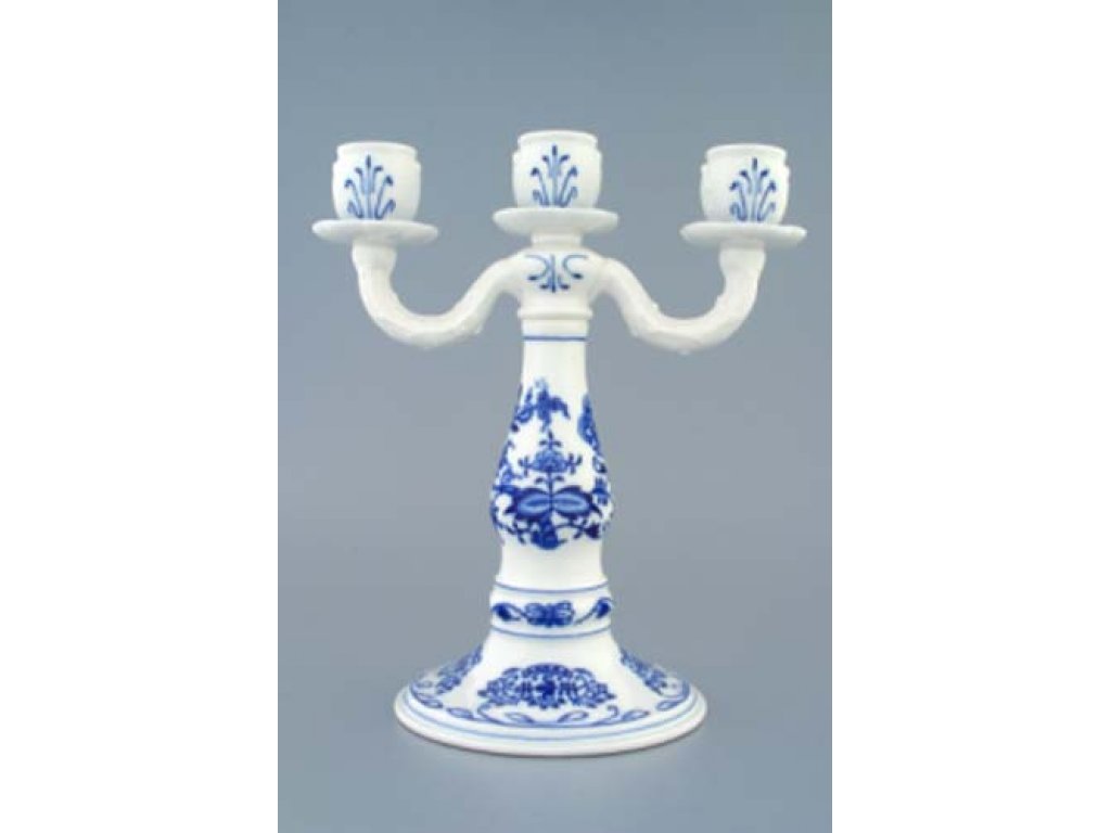 Cibulák Svícen tříramenný 25 cm originální cibulákový porcelán Dubí, cibulový vzor,