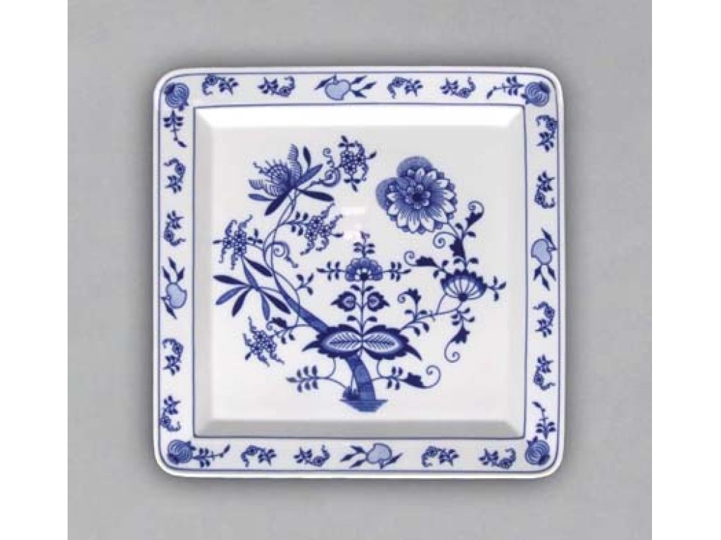 Cibulák talíř čtyřhranný 27,5 cm originální cibulákový porcelán Dubí, cibulový vzor,