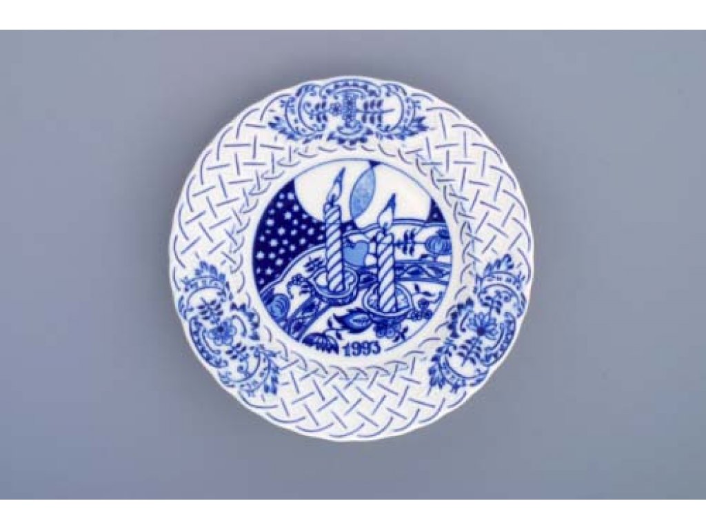 Cibulák Talíř výroční 1993 závěsný reliéfní 18 cm  originální cibulákový porcelán Dubí, cibulový vzor,