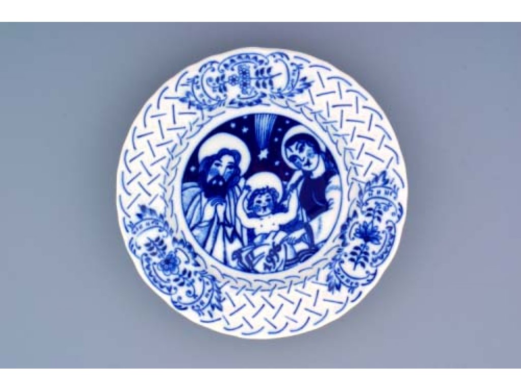 Cibulák Talíř výroční 1996 závěsný reliéfní 18 cm , originální cibulákový porcelán Dubí, cibulový vzor,