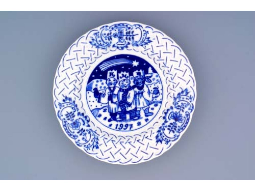 Cibulák talíř výroční 1997 závěsný reliéfní 18 cm  originální cibulákový porcelán Dubí, cibulový vzor,