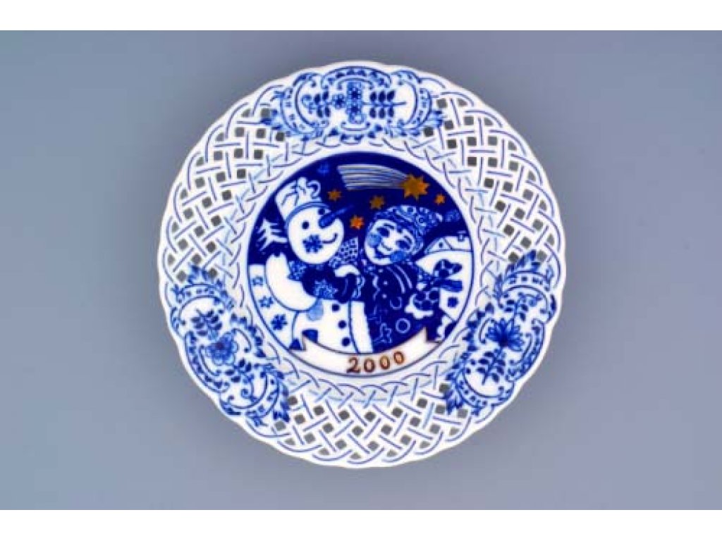 Cibulák Talíř výroční 2000 závěsný prolamovaný 18 cm , originální cibulákový porcelán Dubí, cibulový vzor,