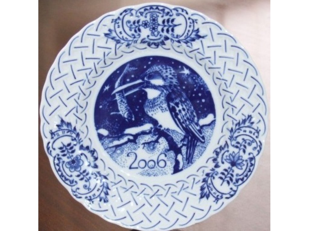 Cibulák Talíř výroční 2006 závěsný reliéfní 18 cm , originální cibulákový porcelán Dubí , cibulový vzor,