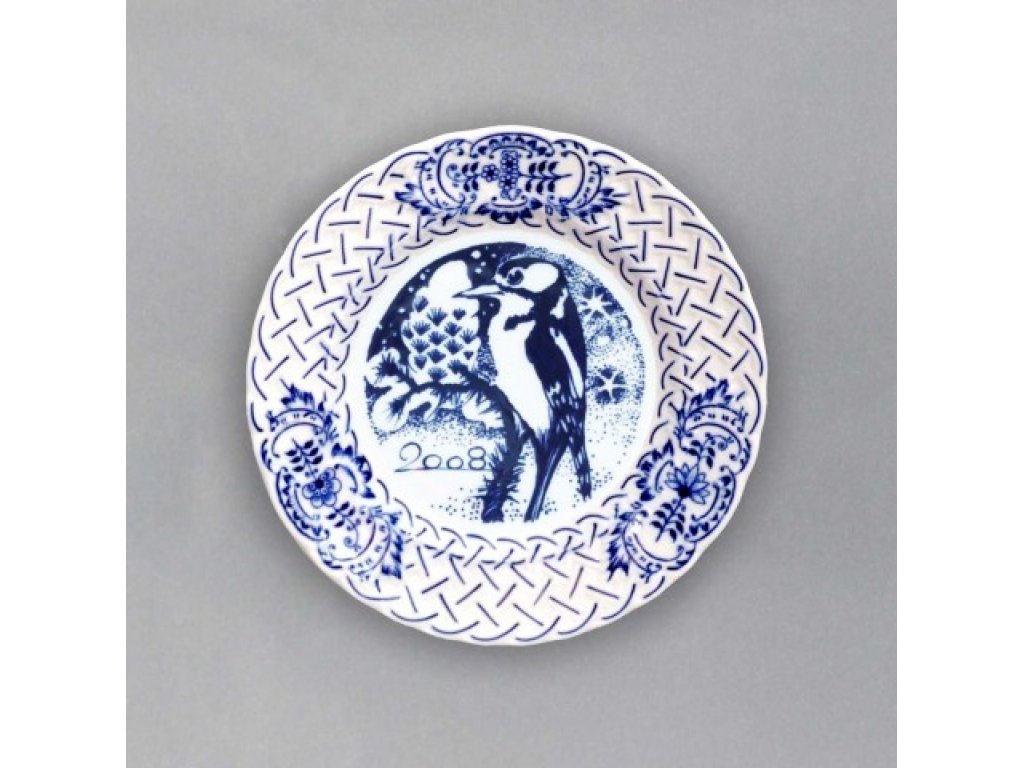 Cibulák Talíř výroční 2008 závěsný reliéfní 18 cm , originální cibulákový porcelán Dubí , cibulový vzor,