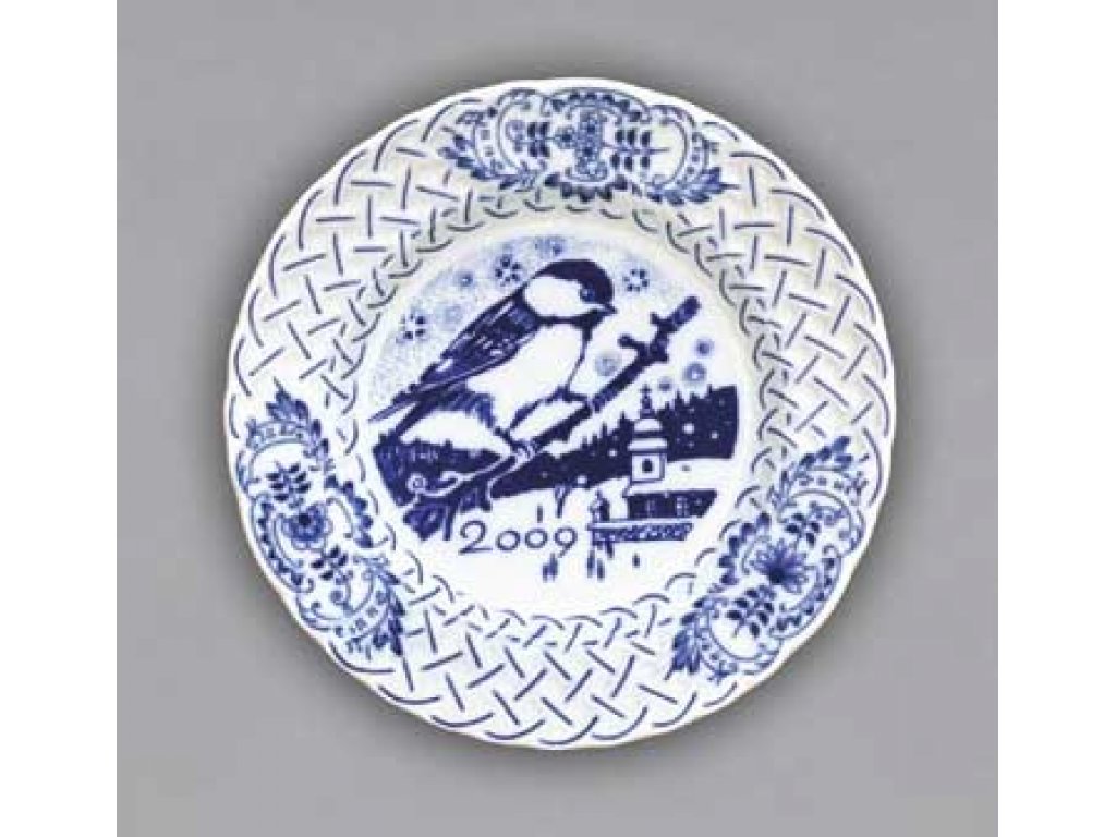 Cibulák Talíř výroční 2009 závěsný reliéfní 18 cm , originální cibulákový porcelán Dubí , cibulový vzor,