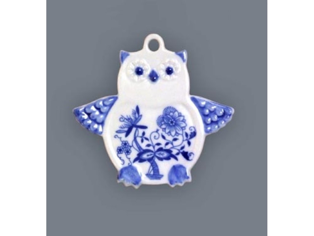 Zwiebelmuster Christmas Decoration Owl, Original Bohemia Porcelain from Dubi
