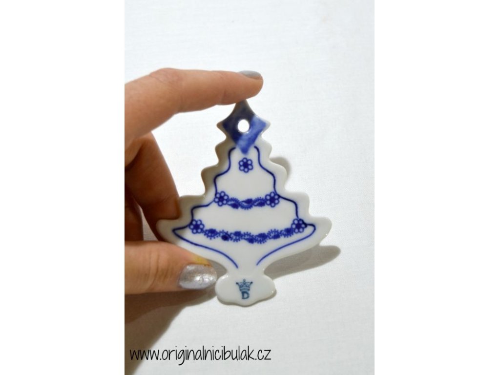 Cibulák vánoční ozdoba stromeček závěs 8,4 cm, originální cibulákový porcelán Dubí, cibulový vzor