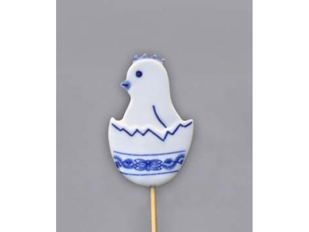Cibulák Velikonoční ozdoba kuřátko ve skořápce zápich 29 cm, originální cibulákový porcelán Dubí, cibulový vzor,