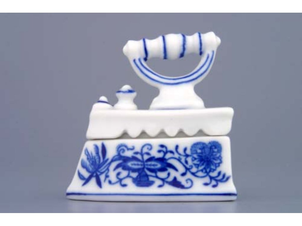 Cibulák Žehlička mini komplet 6,5 cm originální cibulákový porcelán Dubí, cibulový vzor,