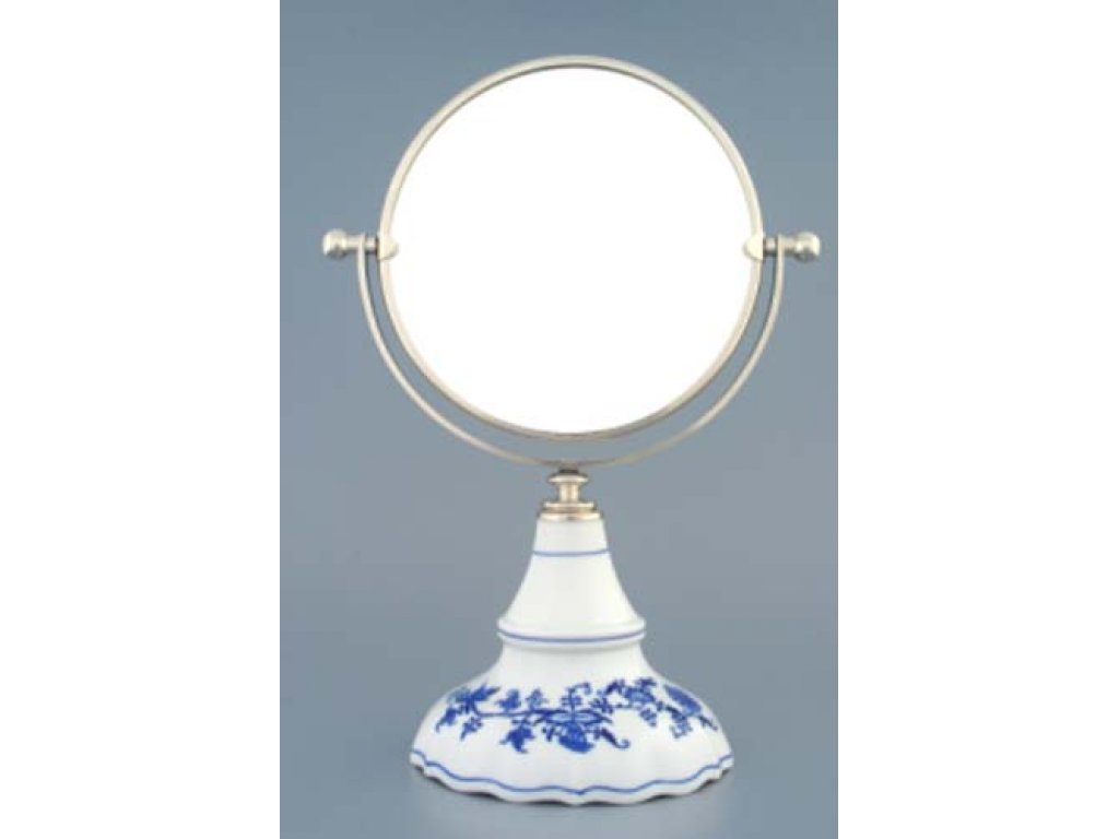 Cibulák Zrcadlo kulaté otočné ve střbrném rámu 31 cm originální cibulákový porcelán Dubí, cibulový vzor, 1.jakost