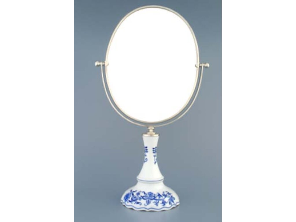 Cibulák Zrcadlo oválné otočné oválné ve stříbrném rámu 48 cm originální cibulákový porcelán Dubí, cibulový vzor