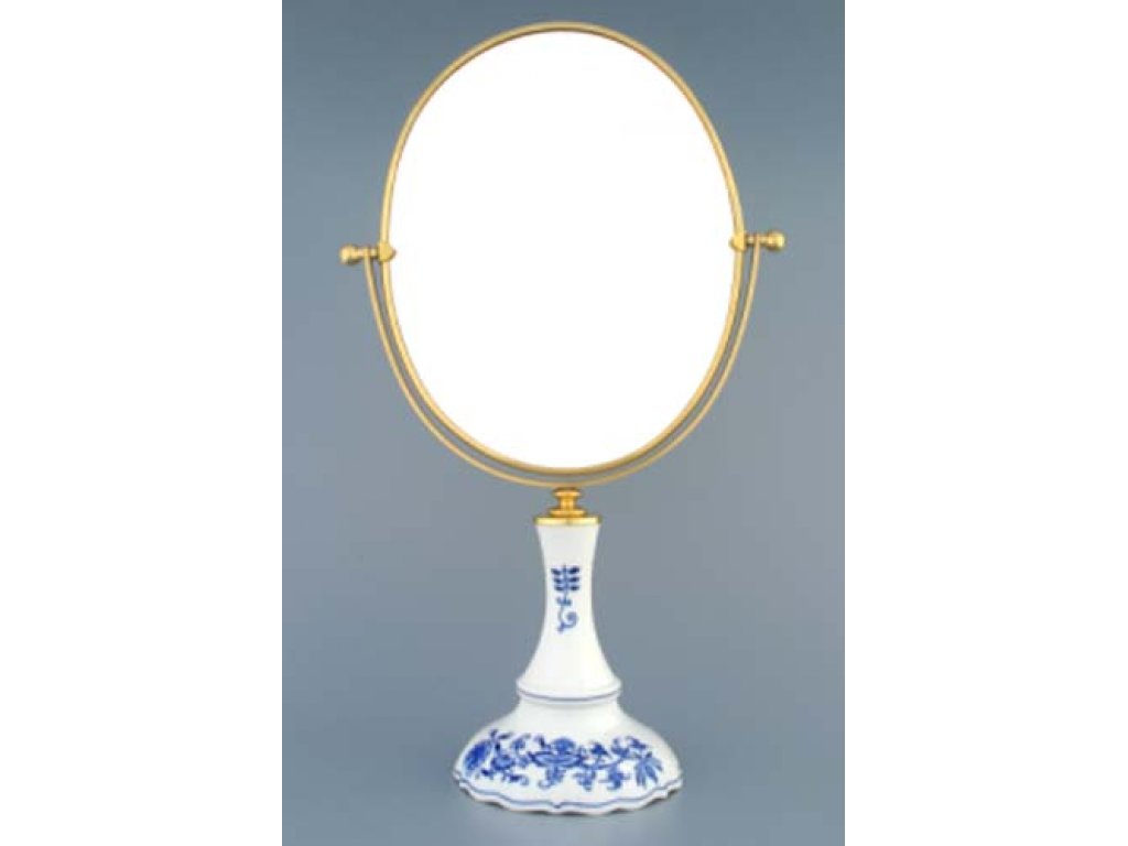 Cibulák zrkadlo oválne otočné v zlatom ráme 48 x 27 cm cibulový porcelán, originálny cibulák Dubí 1. akosť