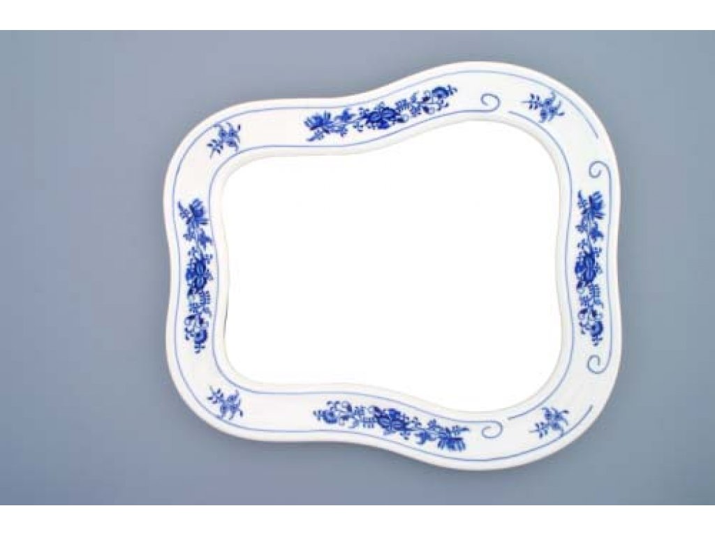 Cibulák zrcadlo s rámem závěsné 40 cm originální cibulákový porcelán Dubí, cibulový vzor,
