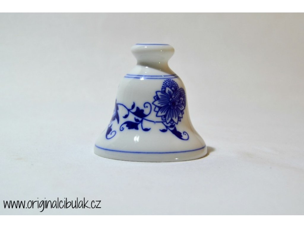 Cibulák zvonek s bambulkou zmenšený, 6,4 cm, originální cibulákový porcelán Dubí, cibulový vzor