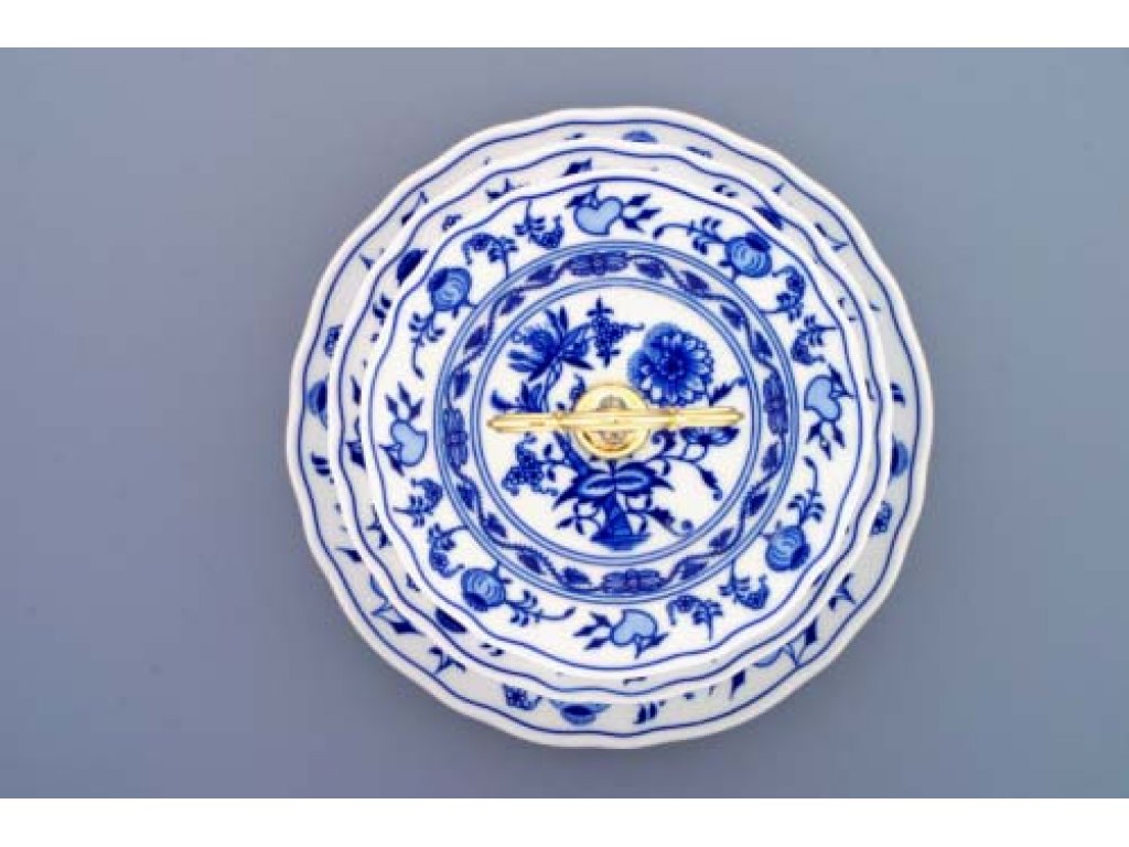 Cibulákový etažér 3-dílný- talíře plné, zlacená tyčka 35 cm originální cibulákový porcelán Dubí, cibulový vzor,