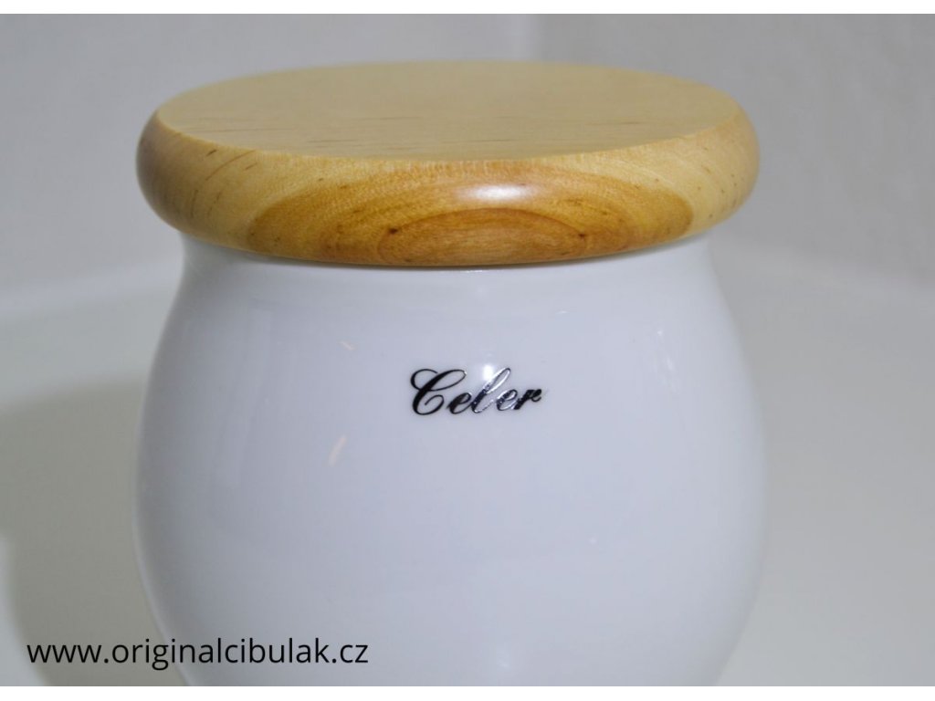 Dóza Baňák biela s dreveným viečkom Celer 10 cm český porcelán Dubí