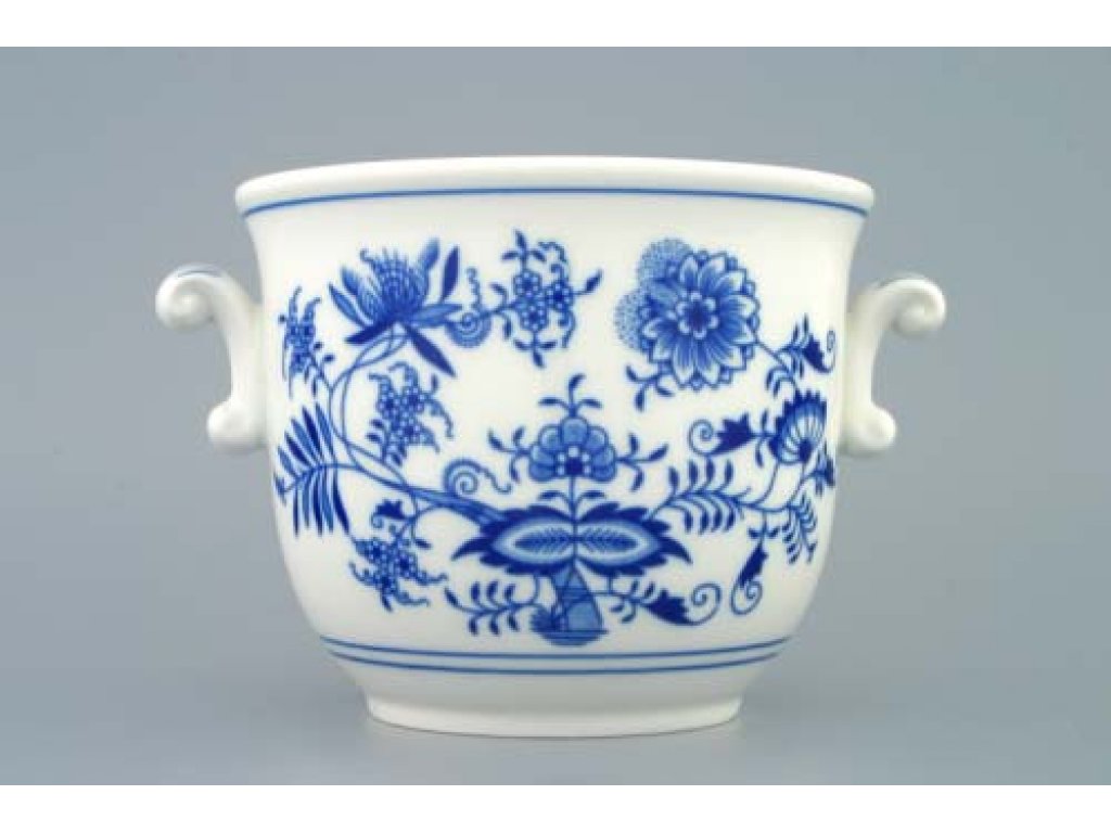 Zwiebelmuster Small Flower Pot with Handles, Original Bohemia Porcelain from Dubi