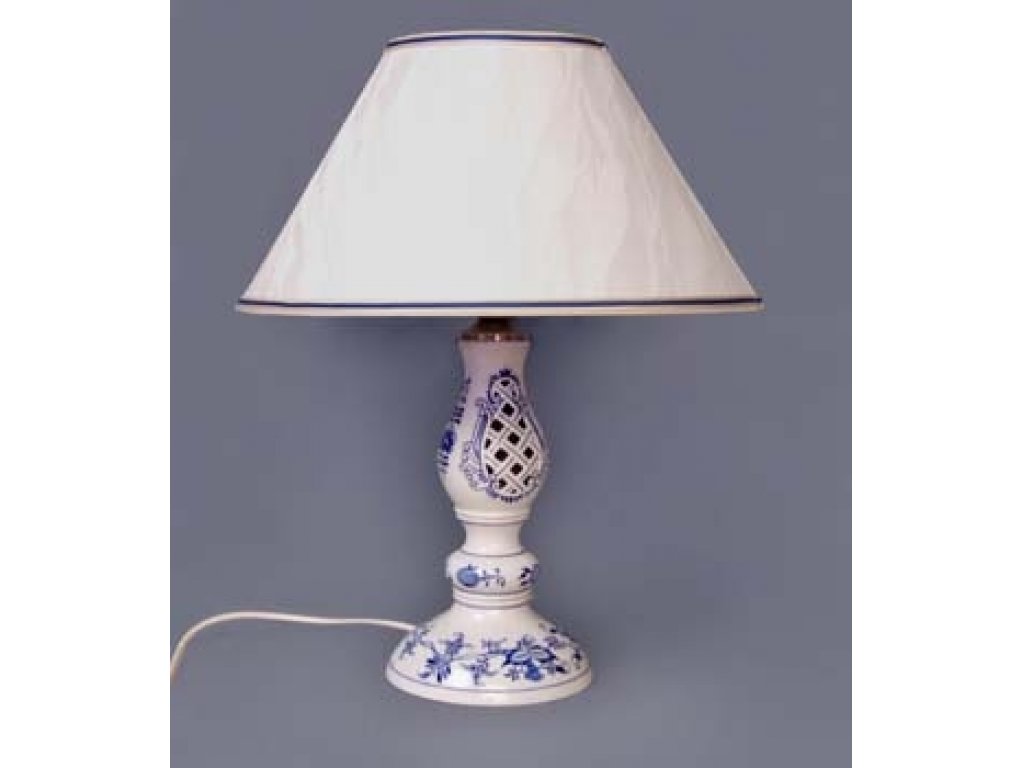 Zwiebelmuster Lampe durchbrochen mit textil Schirm 45cm Original Bohemia Porzellan aus Dubi