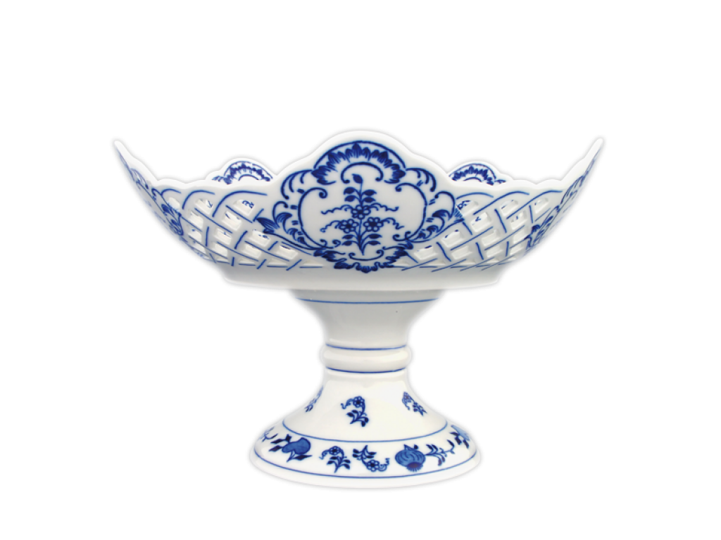 Zwiebelmuste Fünfeckige durchbrochene Schüssel 24cm auf einem Tortenständer 950g Original Bohemia Porzellan Dubi Karlsbader 