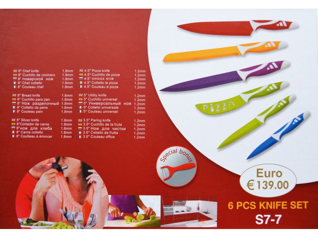 Set mit 7 farbigen Messern in Geschenkbox