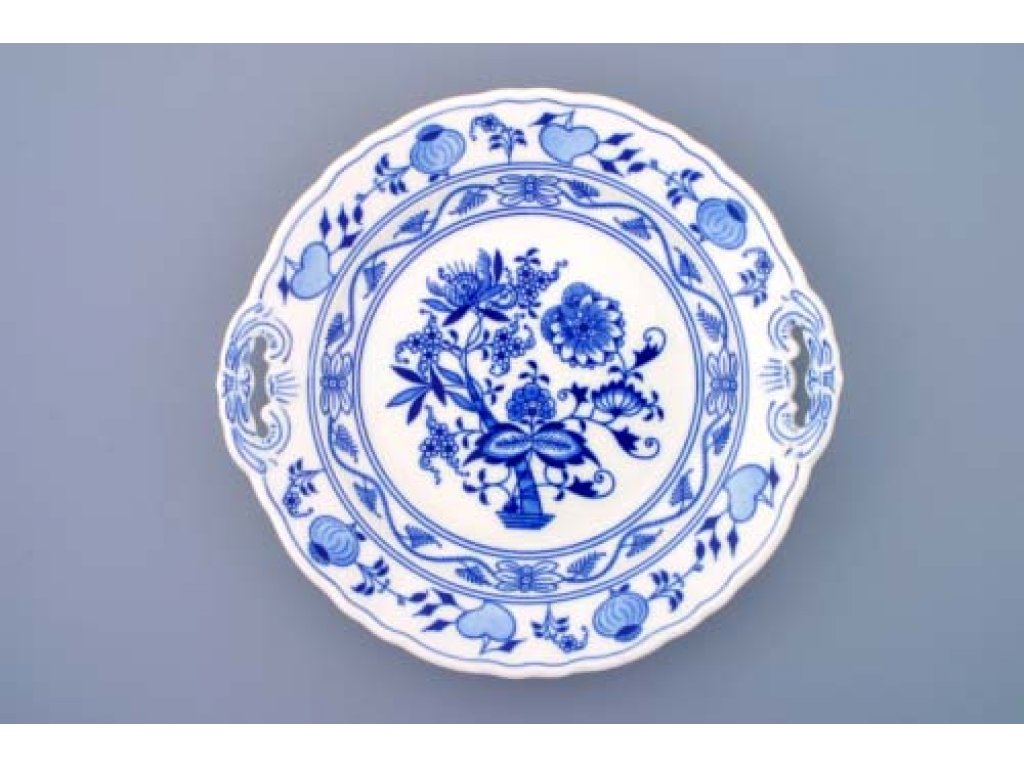 Zwiebelmuster Cake Plate with Handles 28cm, Original Bohemia Porcelain from Dubi